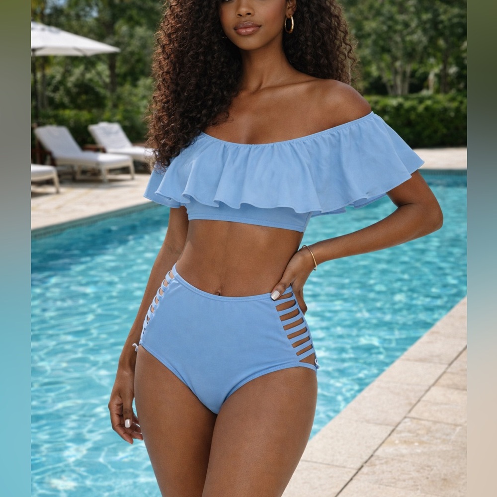 Elegant Off-Shoulder Light Blue Bikini Set